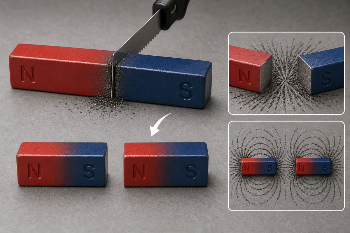 Wenn man einen Stabmagneten in zwei Hälften schneidet, wird jede Hälfte zu einem kleineren Magneten mit einem Nord- und einem Südpol.