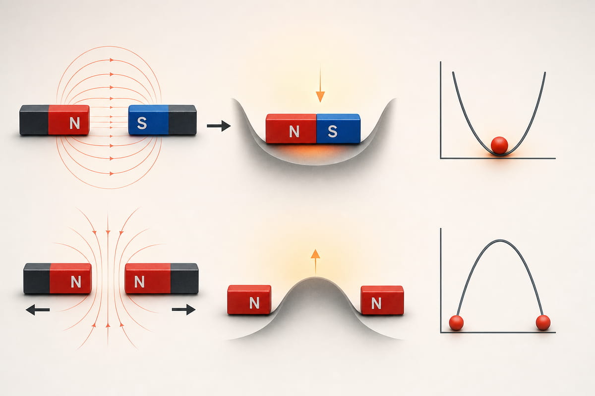 Magnete bewegen sich von Natur aus in die Position, in der sie die geringste gespeicherte Energie haben.