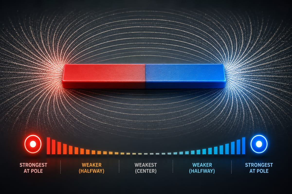 Das Magnetfeld eines Stabmagneten ist an seinen beiden Polen am stärksten.