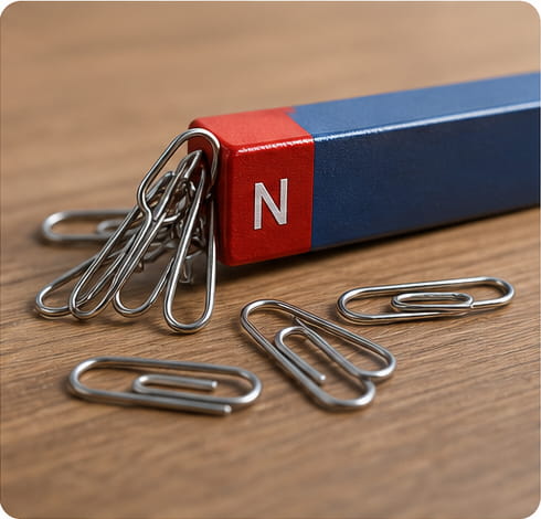 Ein Stabmagnet kann andere Magnete anziehen und übt zudem eine Anziehungskraft auf Eisen, Nickel, Kobalt und alle Gegenstände aus, die diese Metalle enthalten.