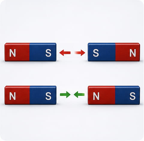 Jeder Stabmagnet hat einen Nord- und einen Südpol, und diese Pole ziehen sich an, wenn sie entgegengesetzt sind, und stoßen sich ab, wenn sie gleich sind.