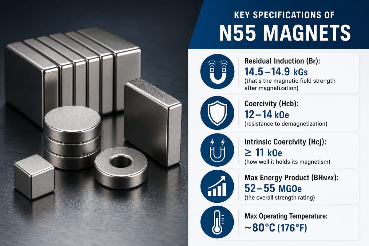 Wichtige technische Daten der N55-Magnete