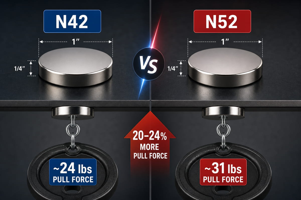 Ein N52-Magnet hat eine um 20–241 TP3T höhere Anziehungskraft als ein N42-Magnet.